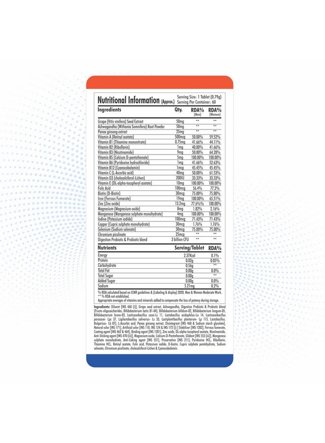 FYTIKA فيتيكا فيتا 365-60 قرص (عبوة من 1) | متعدد الفيتامينات للرجال والنساء | مع أشواغاندا، جنسنغ، بروبيوتيك وبريبايوتيك وبيوتين | يعزز الطاقة، المناعة والهضم - Image 4
