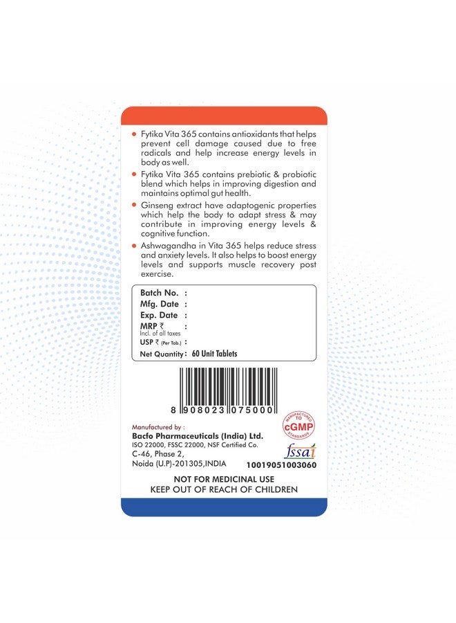 FYTIKA فيتيكا فيتا 365-60 قرص (عبوة من 1) | متعدد الفيتامينات للرجال والنساء | مع أشواغاندا، جنسنغ، بروبيوتيك وبريبايوتيك وبيوتين | يعزز الطاقة، المناعة والهضم - Image 3
