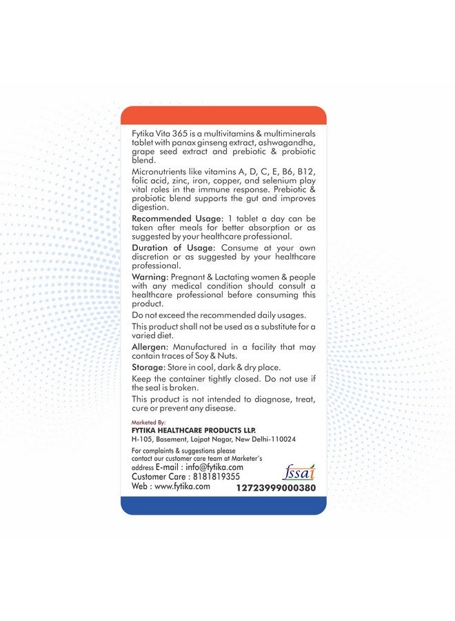 FYTIKA فيتيكا فيتا 365-60 قرص (عبوة من 1) | متعدد الفيتامينات للرجال والنساء | مع أشواغاندا، جنسنغ، بروبيوتيك وبريبايوتيك وبيوتين | يعزز الطاقة، المناعة والهضم - Image 2
