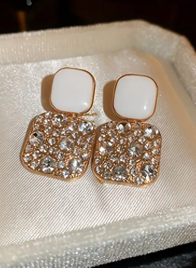Ready For Chai Square Shape Full Shiny Rhinestone Decor Dangle Earrings Luxury Elegant Style Alloy Jewelry Banquet Party Ear Ornaments
