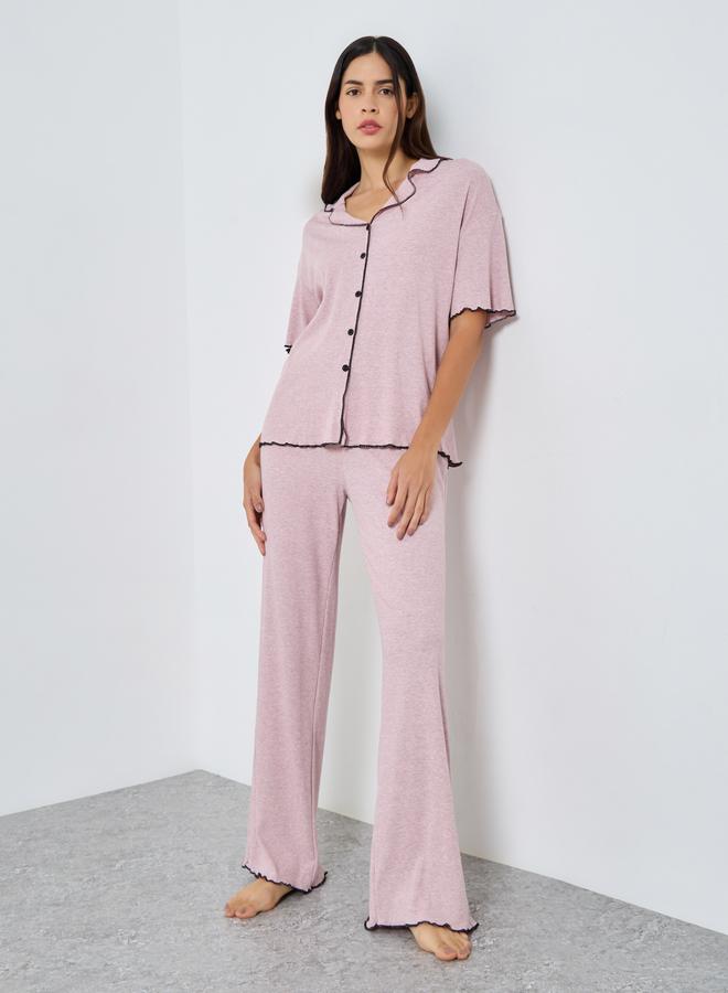 Styli Supersoft Ribbed Lettuce Hem Shirt and Pyjama Set - Image 1