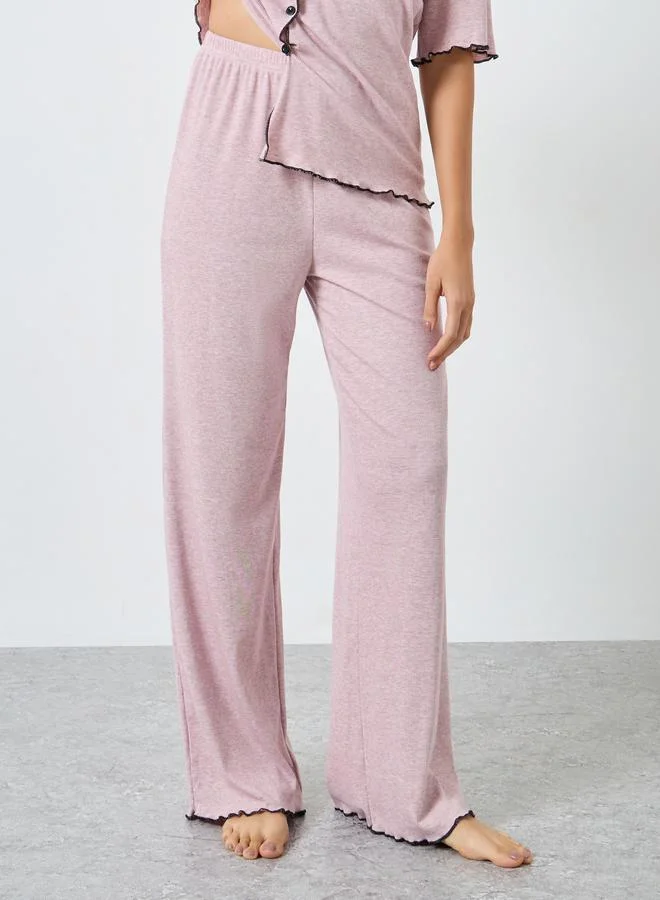 Styli Pink Styli Supersoft Ribbed Lettuce Hem Shirt and Pyjama Set for Women | Best Price UAE