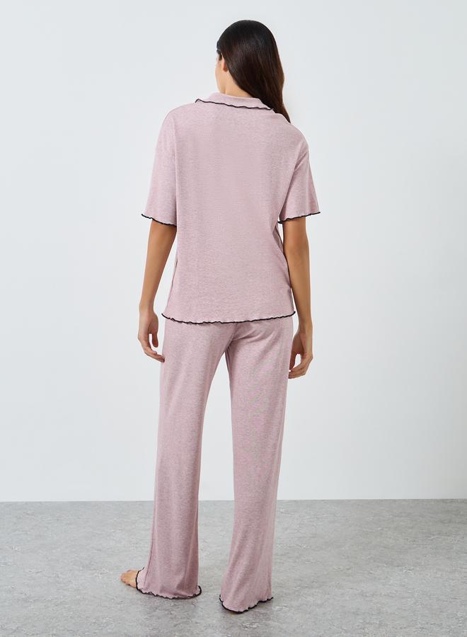 Styli Supersoft Ribbed Lettuce Hem Shirt and Pyjama Set - Image 5