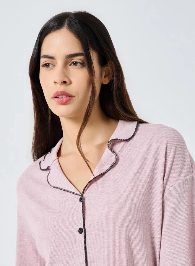 Styli Pink Styli Supersoft Ribbed Lettuce Hem Shirt and Pyjama Set for Women | Best Price UAE