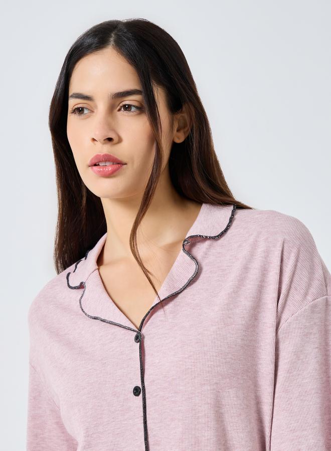 Styli Supersoft Ribbed Lettuce Hem Shirt and Pyjama Set - Image 3