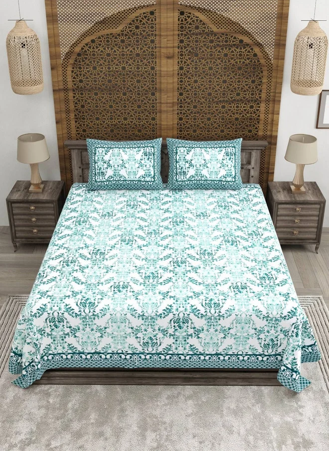CLOTHOLOGY CLOTHOLOGY Green & White Printed Pure Cotton 180 TC King Bedsheet Set