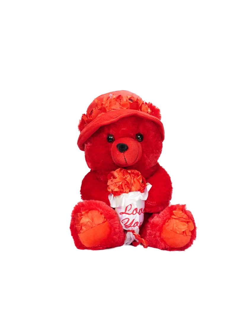 Soft Toys Huggable Plush Red Teddy Bear with Hat & Roses | Soft Romantic Gift for Couples & Kids - Image 1
