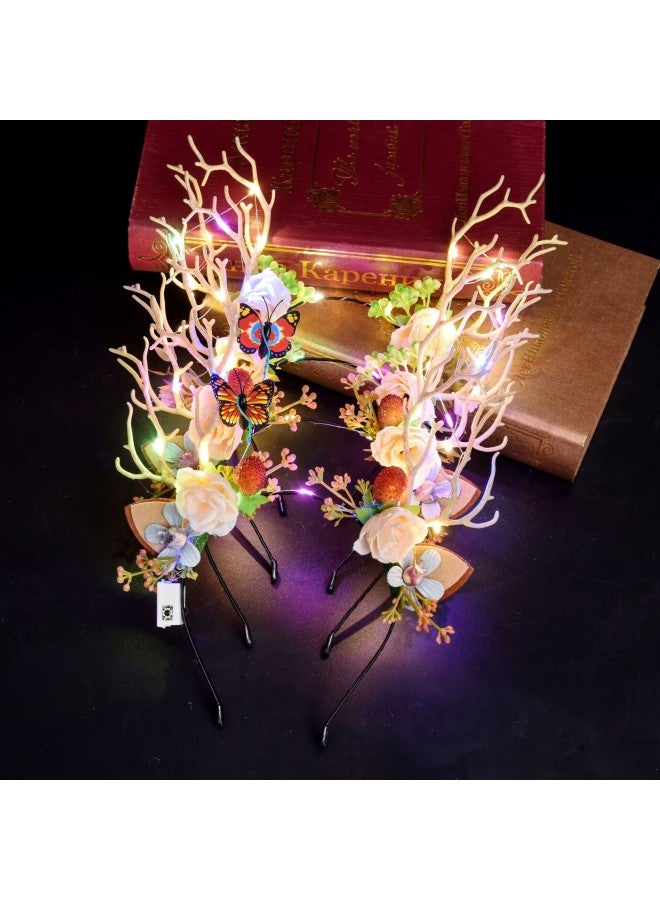 Luminous Elk Antler Headband Flash Headband Flower Fairy Antler Headwear Party Night Market Wholesale-Color:Flower Core Antlers + Warm Lamp - Image 3