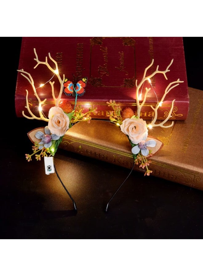Luminous Elk Antler Headband Flash Headband Flower Fairy Antler Headwear Party Night Market Wholesale-Color:Flower Core Antlers + Warm Lamp - Image 5