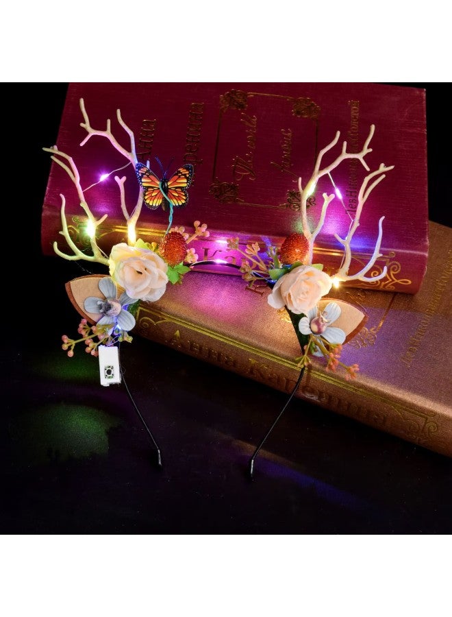 Luminous Elk Antler Headband Flash Headband Flower Fairy Antler Headwear Party Night Market Wholesale-Color:Flower Core Antlers + Warm Lamp - Image 4