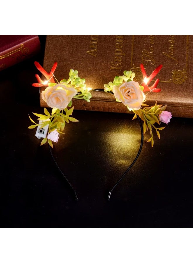 Luminous Elk Antler Headband Flash Headband Flower Fairy Antler Headwear Party Night Market Wholesale-Color:Flower Core Antlers + Warm Lamp - Image 1