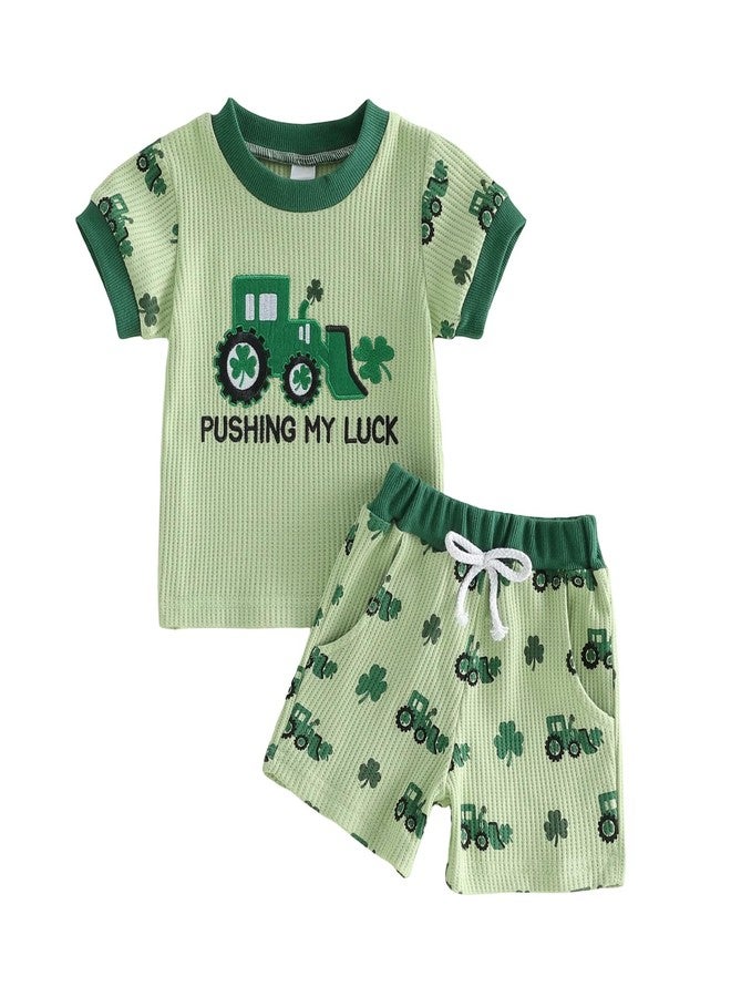 Lenjindjer Toddler Baby Boy St Patricks Day Outfit Waffle Short Sleeve Truck Embroidery Tops and Shorts Infant Irish Clothes (Green, 3-4 T) - Image 1