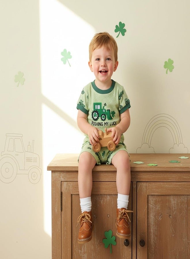 Lenjindjer Toddler Baby Boy St Patricks Day Outfit Waffle Short Sleeve Truck Embroidery Tops and Shorts Infant Irish Clothes (Green, 3-4 T) - Image 2