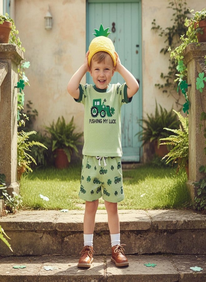 Lenjindjer Toddler Baby Boy St Patricks Day Outfit Waffle Short Sleeve Truck Embroidery Tops and Shorts Infant Irish Clothes (Green, 3-4 T) - Image 3