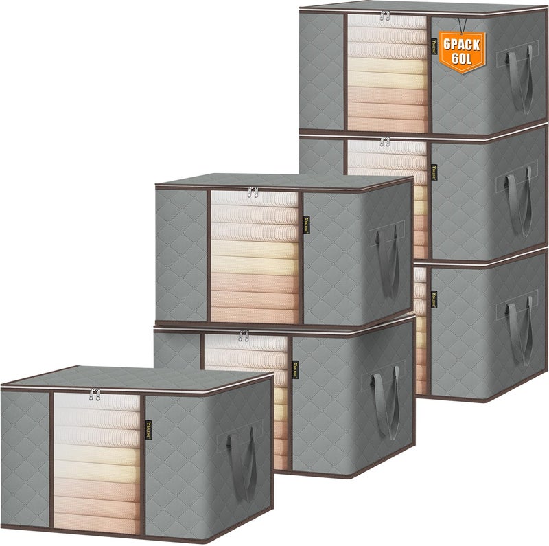 BALEINE 6 Pack Clothes Storage Bags, 16 Gallon Storage Containers with Reinforced Handle, Sturdy Zipper, Closet Organizer for Blanket, Comforter, Pillow, Bedding (Grey, 6 Pack) - Image 1