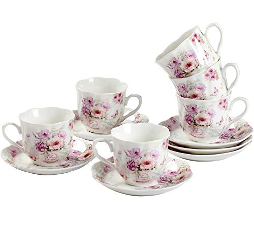 GuangYang 2.5 oz Porcelain Espresso Cups and Saucers Set – Floral Design, Purple Pattern – Gift-Ready, Elegant Mini Coffee Set of 6 for Home or Gifting - Image 1