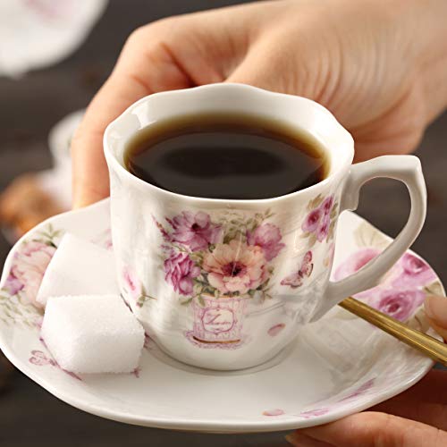 GuangYang 2.5 oz Porcelain Espresso Cups and Saucers Set – Floral Design, Purple Pattern – Gift-Ready, Elegant Mini Coffee Set of 6 for Home or Gifting - Image 4