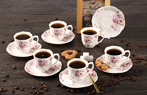GuangYang 2.5 oz Porcelain Espresso Cups and Saucers Set – Floral Design, Purple Pattern – Gift-Ready, Elegant Mini Coffee Set of 6 for Home or Gifting - Image 5