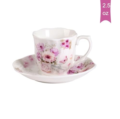 GuangYang 2.5 oz Porcelain Espresso Cups and Saucers Set – Floral Design, Purple Pattern – Gift-Ready, Elegant Mini Coffee Set of 6 for Home or Gifting - Image 2