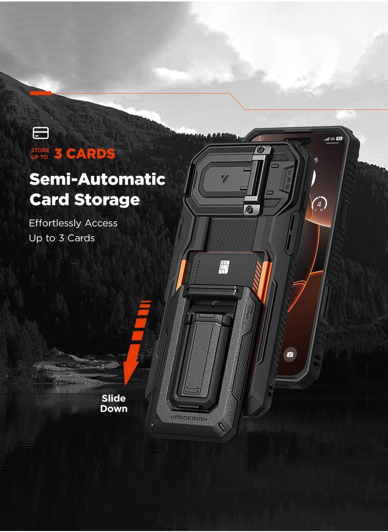 VRS Design D-Wallet Origin iPhone 16 PRO Case Cover Wallet with Semi Automatic Credit Card Holder Slot [3 Cards] & Camera Lens Protector Kickstand - Metallic Red  - Image 5