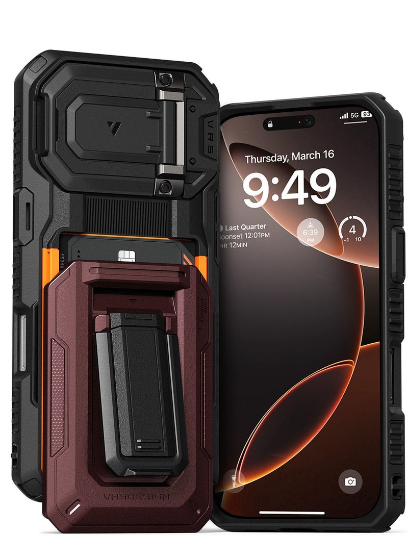 VRS Design D-Wallet Origin iPhone 16 PRO Case Cover Wallet with Semi Automatic Credit Card Holder Slot [3 Cards] & Camera Lens Protector Kickstand - Metallic Red  - Image 1