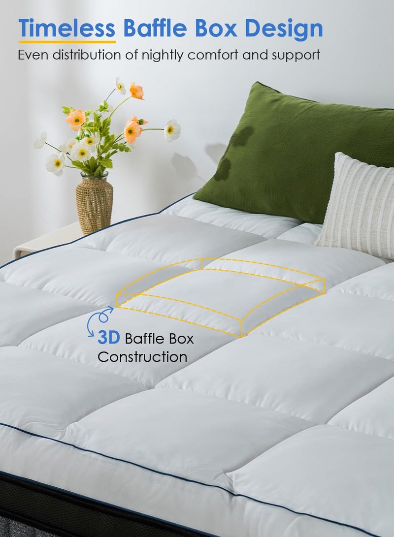 QUEEN ROSE Mattress Topper Queen, Pillow Top Extra Thick Mattress Bed Cover Topper, Soft Baffle Box Overfilled Down Alternative for Back Pain, 4 Corner Straps, White - Image 2
