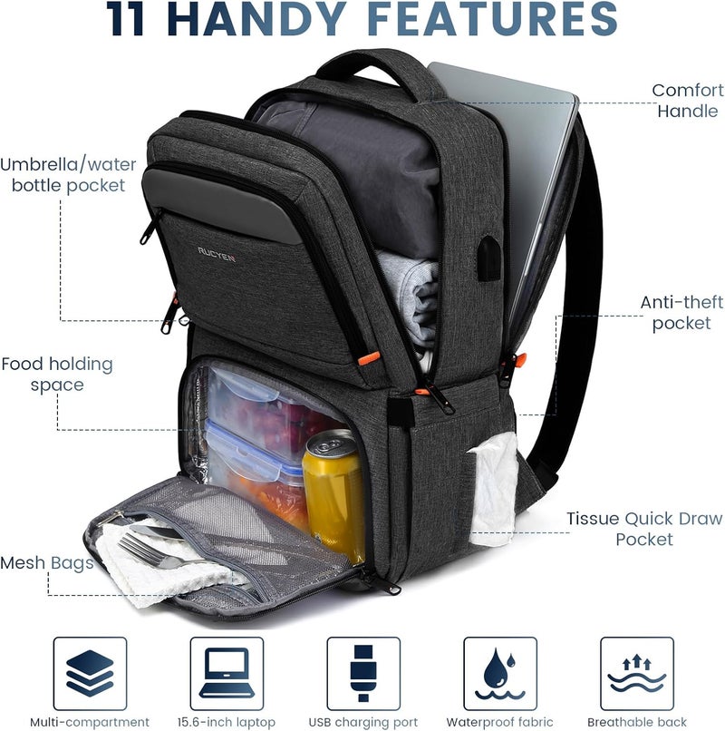 RUCYEN Lunch Backpack, Insulated Cooler Backpack Lunch Box for Men Women, 15.6 Inches RFID Blocking Laptop Backpack with USB Port Lunch Bag for Work Travel Black - Image 2
