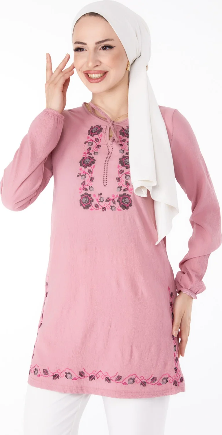 Tofisa Plain Tie Collar Women's Pink Embroidered Tunic - 13185