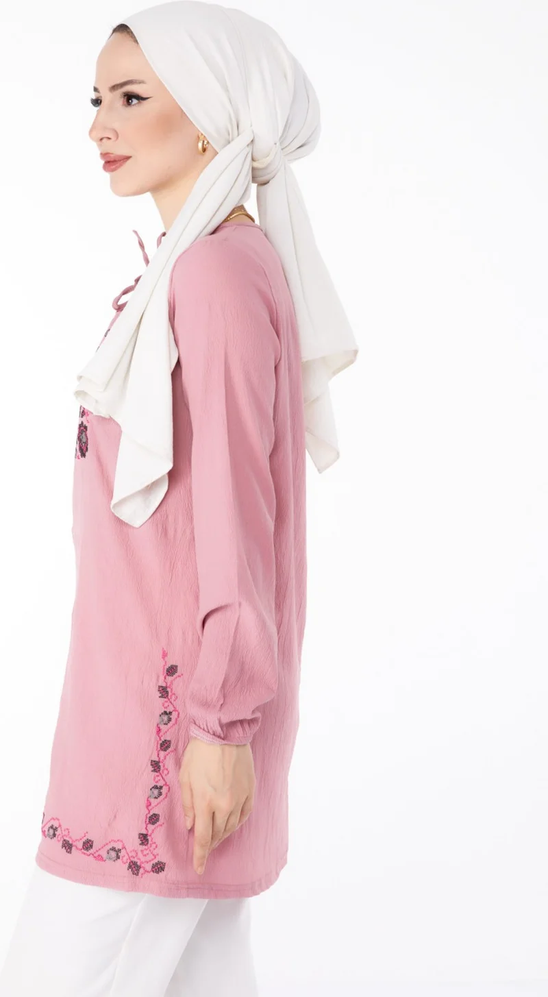 Tofisa Plain Tie Collar Women's Pink Embroidered Tunic - 13185