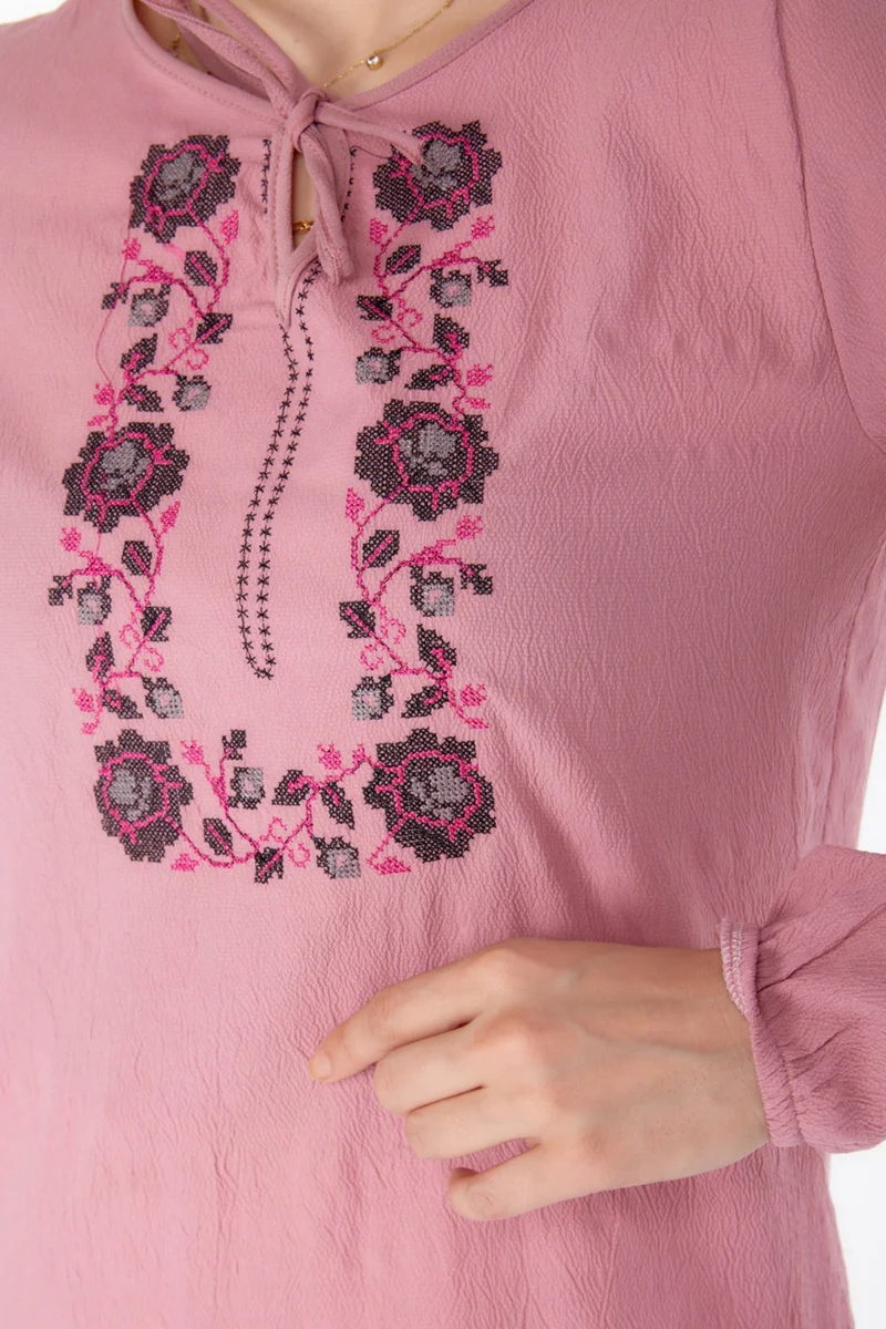 Tofisa Plain Tie Collar Women's Pink Embroidered Tunic - 13185