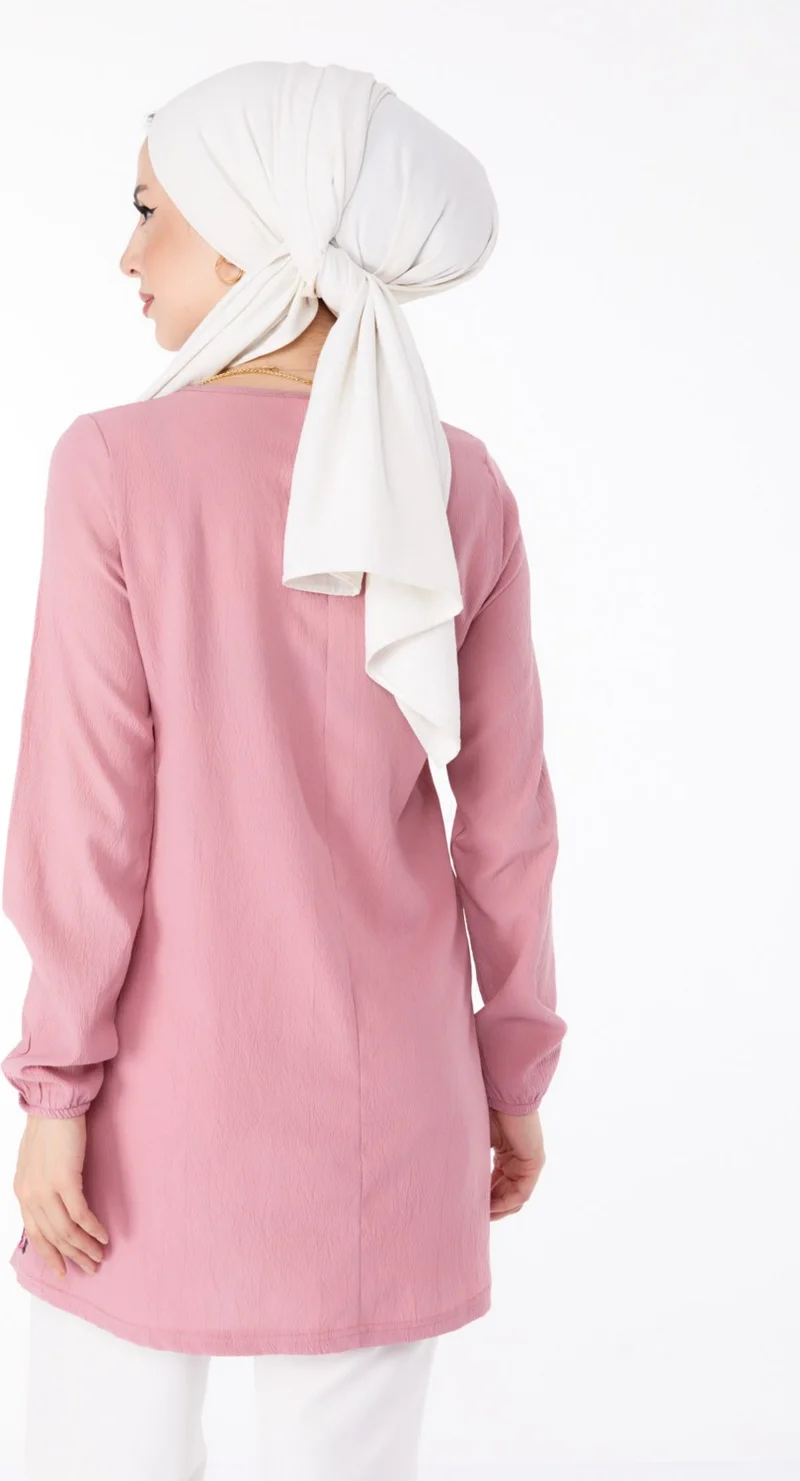 Tofisa Plain Tie Collar Women's Pink Embroidered Tunic - 13185