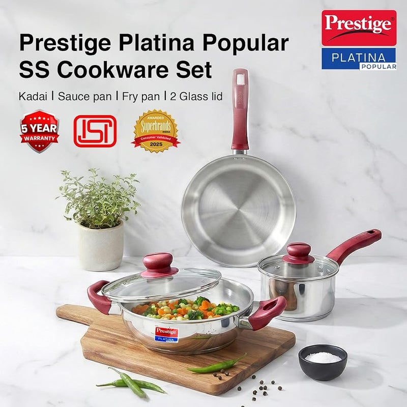 برستيج 1 مجموعة أواني مطبخ من الفولاذ المقاوم للصدأ من Prestige مكونة من 3 قطع مع غطاءين زجاجيين Platina Popular مقلاة سعة 22 سم/1.9 لتر قدر سعة 22 سم/2.25 لتر قدر صلصة سعة 16 سم/1.5 لتر متوافقة مع الغاز والموقد الكهربائي قاعدة مزدوجة - Image 2