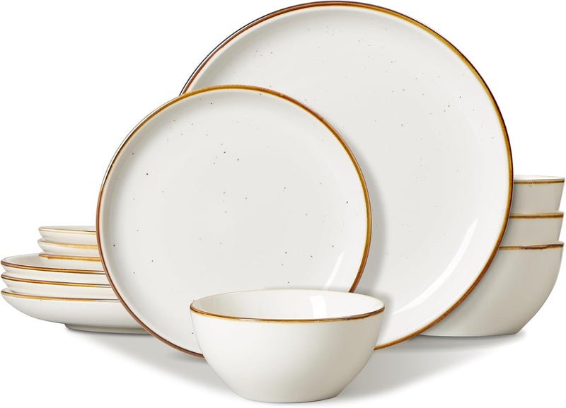 ONEMORE Plates and Bowls Set Dinnerware Sets for 4 Porcelain Kitchen Dishes Set 12pcs Scratch Resistant Modern Aesthetic Dishware Sets Microwave  Dishwasher Oven SafeFarmhouse Style Cream White - Image 1