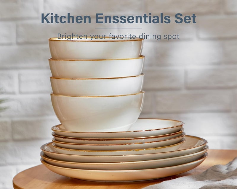 ONEMORE Plates and Bowls Set Dinnerware Sets for 4 Porcelain Kitchen Dishes Set 12pcs Scratch Resistant Modern Aesthetic Dishware Sets Microwave  Dishwasher Oven SafeFarmhouse Style Cream White - Image 2