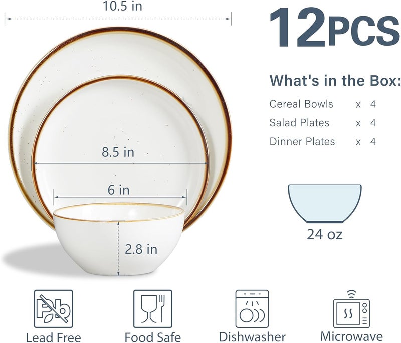 ONEMORE Plates and Bowls Set Dinnerware Sets for 4 Porcelain Kitchen Dishes Set 12pcs Scratch Resistant Modern Aesthetic Dishware Sets Microwave  Dishwasher Oven SafeFarmhouse Style Cream White - Image 5