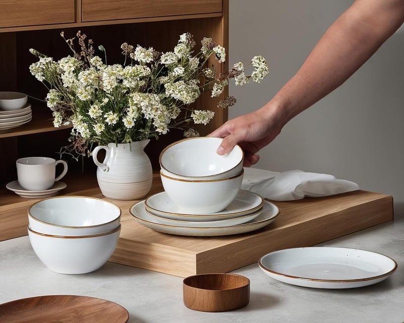 ONEMORE Plates and Bowls Set Dinnerware Sets for 4 Porcelain Kitchen Dishes Set 12pcs Scratch Resistant Modern Aesthetic Dishware Sets Microwave  Dishwasher Oven SafeFarmhouse Style Cream White - Image 4