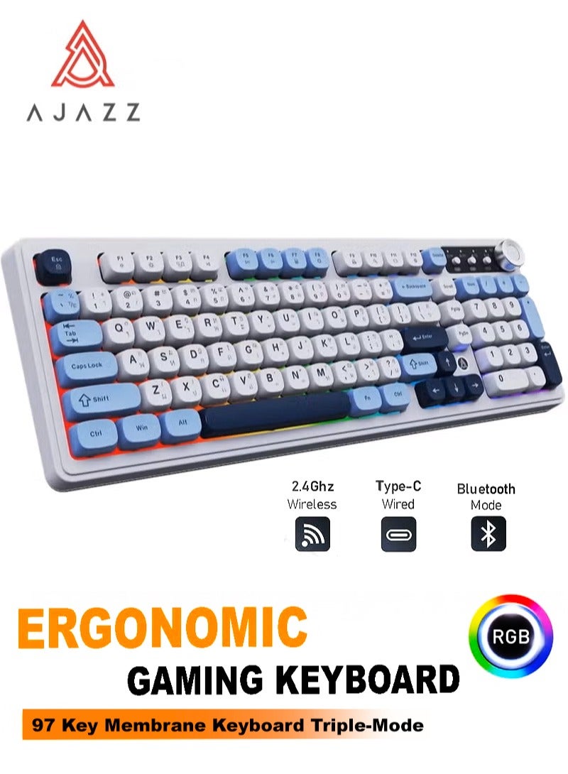 A-jazz AF98 لوحة مفاتيح ثلاثية الوضعية لاسلكية/سلكية مع إضاءة خلفية RGB، مفاتيح عائمة من ABS، تصميم مريح قابل للتعديل، بطارية 4000 مللي أمبير، وأدوات تحكم وسائط متعددة – متوافقة مع ويندوز، ماك، iOS، وأندرويد - Image 1