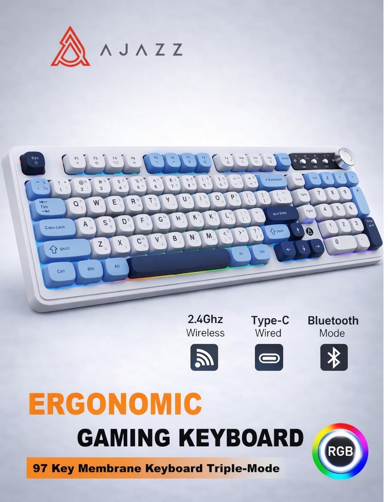 A-jazz AF98 لوحة مفاتيح ثلاثية الوضعية لاسلكية/سلكية مع إضاءة خلفية RGB، مفاتيح عائمة من ABS، تصميم مريح قابل للتعديل، بطارية 4000 مللي أمبير، وأدوات تحكم وسائط متعددة – متوافقة مع ويندوز، ماك، iOS، وأندرويد - Image 1