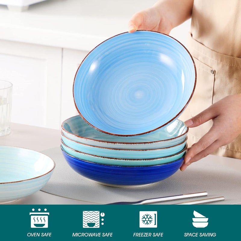 vancasso Bonita Pasta Bowls Set of 6, 38 oz Shallow Bowls, Ceramic Pasta Plates and Salad Bowls, Microwave & Dishwasher Safe Serving Bowls, Blue - Image 4