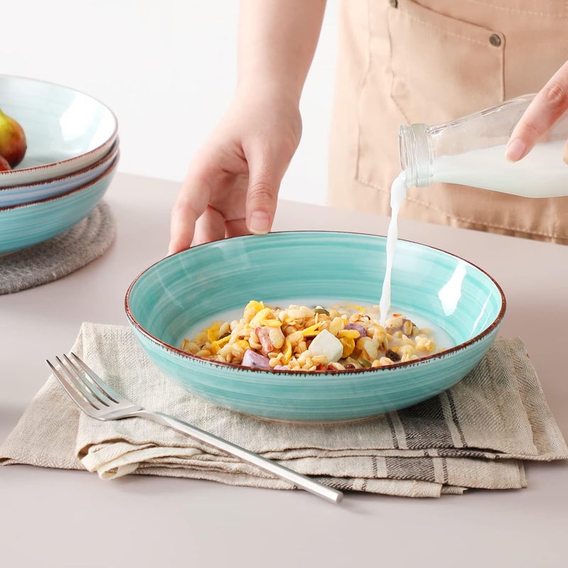 vancasso Bonita Pasta Bowls Set of 6, 38 oz Shallow Bowls, Ceramic Pasta Plates and Salad Bowls, Microwave & Dishwasher Safe Serving Bowls, Blue - Image 5