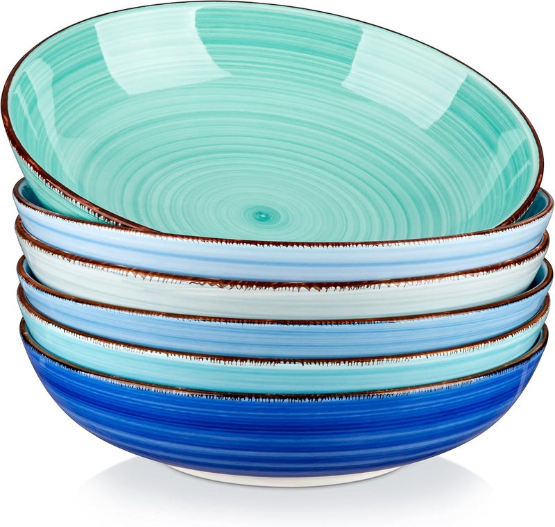 vancasso Bonita Pasta Bowls Set of 6, 38 oz Shallow Bowls, Ceramic Pasta Plates and Salad Bowls, Microwave & Dishwasher Safe Serving Bowls, Blue - Image 1