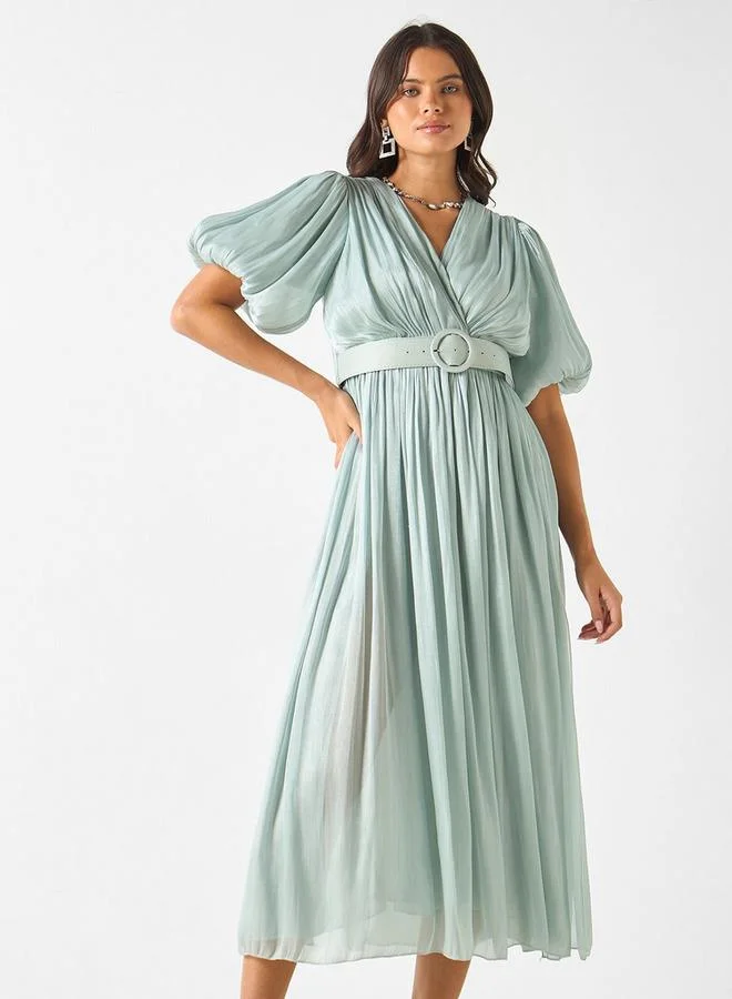 2Xtremz 2Xtremz Textured V-Neck Midi Dress with Puff Sleeves