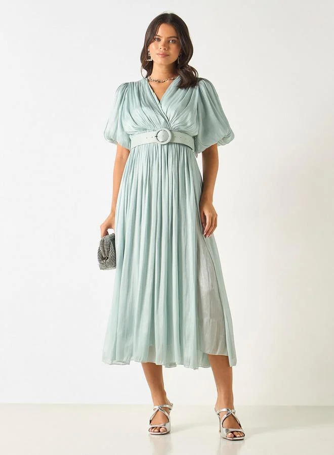 2Xtremz 2Xtremz Textured V-Neck Midi Dress with Puff Sleeves