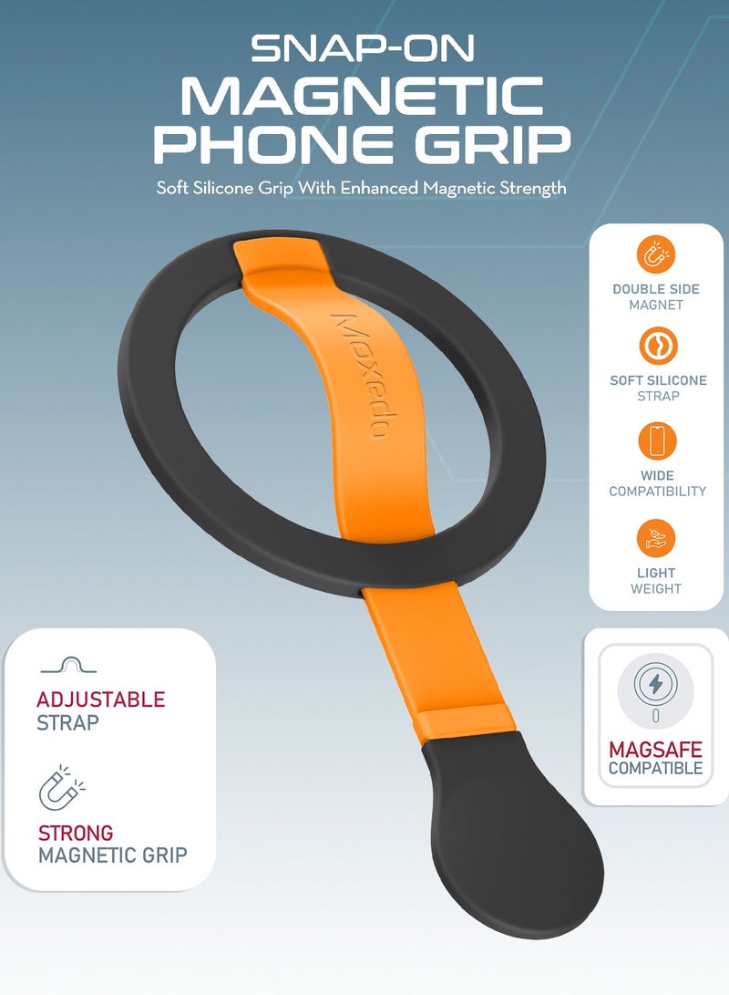 Moxedo Snap-On Magnetic Phone Grip Soft Silicone Grip Adjustable Strap with Double Sided Magnetic Design Compatible for iPhone 16 15 Pro Max Plus 14 13 12 and All Phones- Black/Orange - Image 2