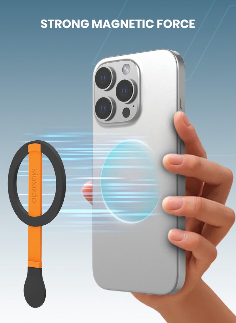 Moxedo Snap-On Magnetic Phone Grip Soft Silicone Grip Adjustable Strap with Double Sided Magnetic Design Compatible for iPhone 16 15 Pro Max Plus 14 13 12 and All Phones- Black/Orange - Image 3