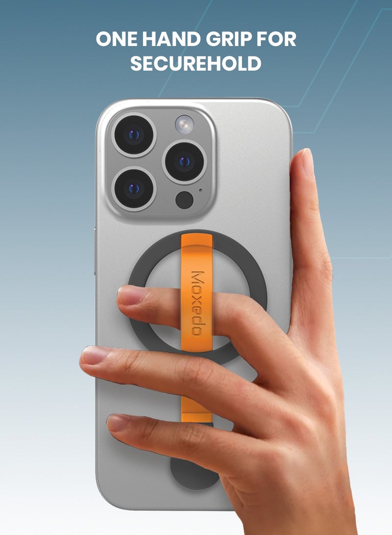 Moxedo Snap-On Magnetic Phone Grip Soft Silicone Grip Adjustable Strap with Double Sided Magnetic Design Compatible for iPhone 16 15 Pro Max Plus 14 13 12 and All Phones- Black/Orange - Image 4