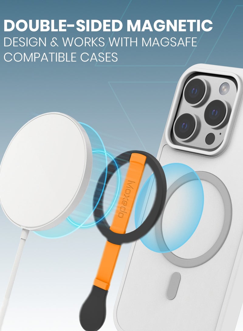 Moxedo Snap-On Magnetic Phone Grip Soft Silicone Grip Adjustable Strap with Double Sided Magnetic Design Compatible for iPhone 16 15 Pro Max Plus 14 13 12 and All Phones- Black/Orange - Image 5