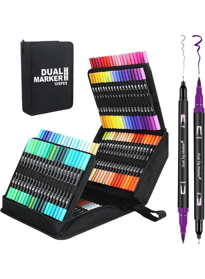 120 Pack Dual Brush Tip Markers for Adult Coloring Books – Water-Based Coloring Pens Fine Tip Brush Pens for Drawing Calligraphy Bullet Journal Art Supplies with Carrying Case - Image 1