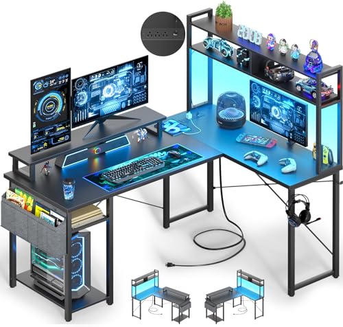 مكتب بيزيوست صغير على شكل L مع مآخذ طاقة 48 مكتب ألعاب LED قابل للعكس مع حامل شاشة ورف تخزين مكتب زاوية للاعبين مكتب منزلي مع حقيبة تخزين أسود