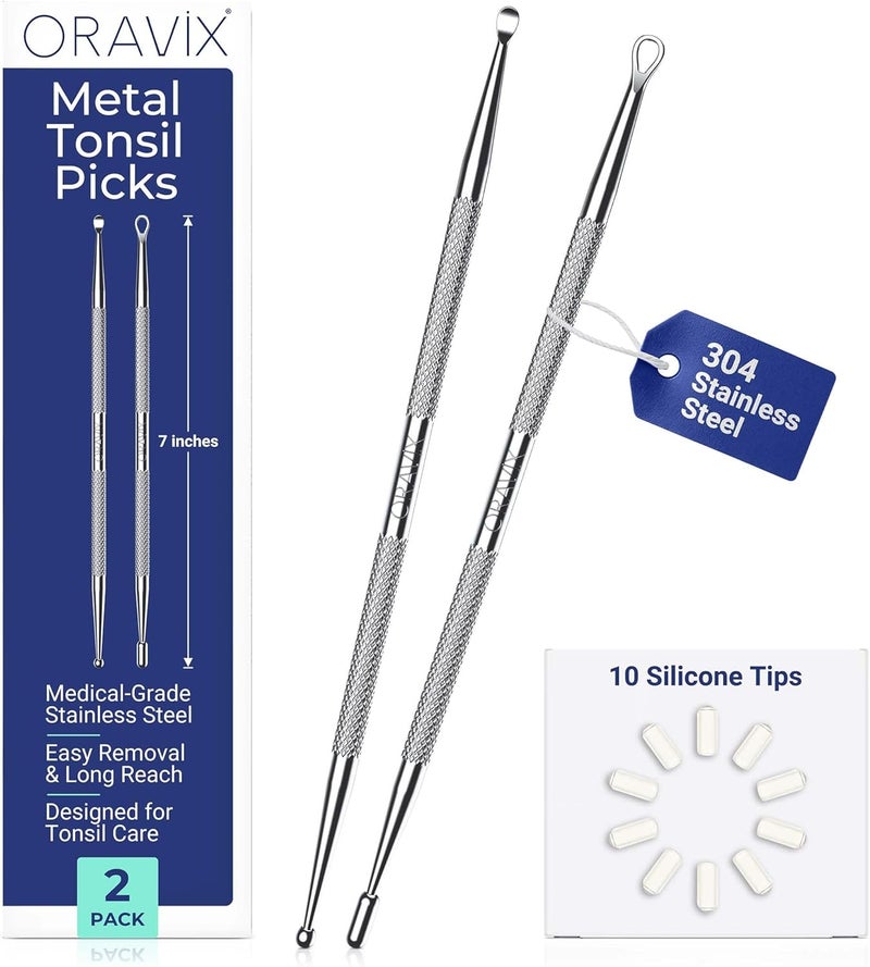 Oravix Metal Tonsil Stone Remover Tool Set - 2 Pack with 10 Silicone Tips - Image 1